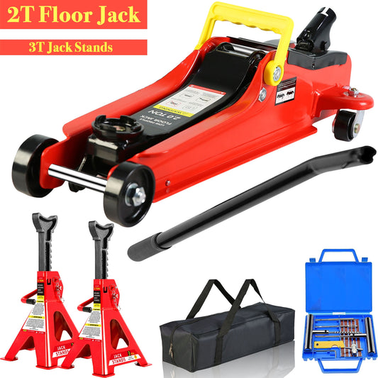 POWANLI 2 Ton Low Profile Floor Jack with 3T jack stand Tire Repair Kit Heavy Duty Steel Racing Floor Jack with Single Piston Quick Lift Pump, Floor Jack Lifting Range 3.3"-15.2" Red