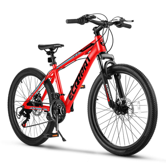 POWANLI 24 inch Mountain Bike Bicycle, Dual Full Suspension, Aluminium Frame for Mens Womens, Go to School/Work with 21-Speed Disc Trail Commuter City Beach, Youth Ages 12+, Gift(Red)