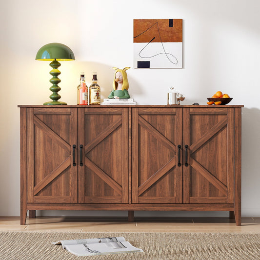 GAKMCIL Modern Freestanding Buffet Sideboard with 4 Doors & 4 open shelgves, Entryway Floor Storage Cabinet, Easy Maintenance for Living Room Bedroom Office Kitchen (Walnut) (59.06"L*15.75"W*31.50"H)