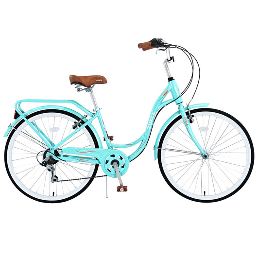 POVANLI 26 Inch Ladies Bicycle Adult Full Shimano 7 Speed Ladies Bicycle, Double V Brakes Bicycle, Steel Frame Commuter Bike for Ladies, Green (Gift)