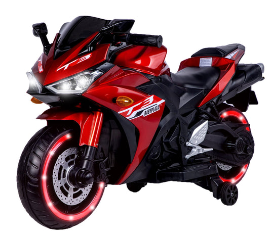 POVANLI 12V Kids Electric Motorcycle with Slow Start,Power Display,Manual Throttle,Light Dashboard,Training Wheels,Lighting Wheels,Bluetooth,USB,MP3,Early Education for Children Aged 3-6,Gift(Red)