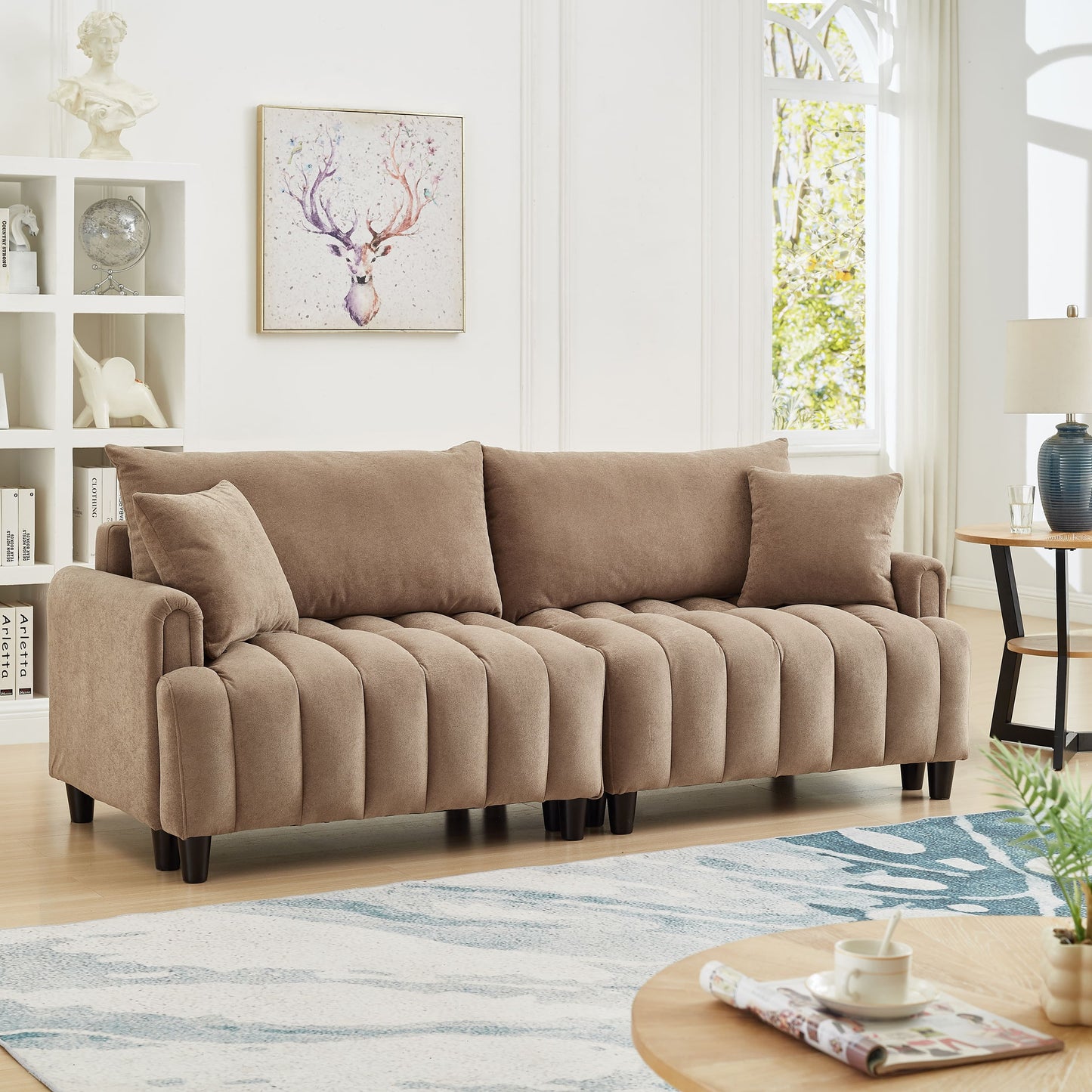 GAKMCIL 83" Polyester Futon Sofa Bed, Comfy Convertible Couch Bed, Multi-Function Sofa with Adjustable Backrest, 2 Pillows, 2 Hidden Storage, 700lbs Load for Living Room, Guest Room (Brown)