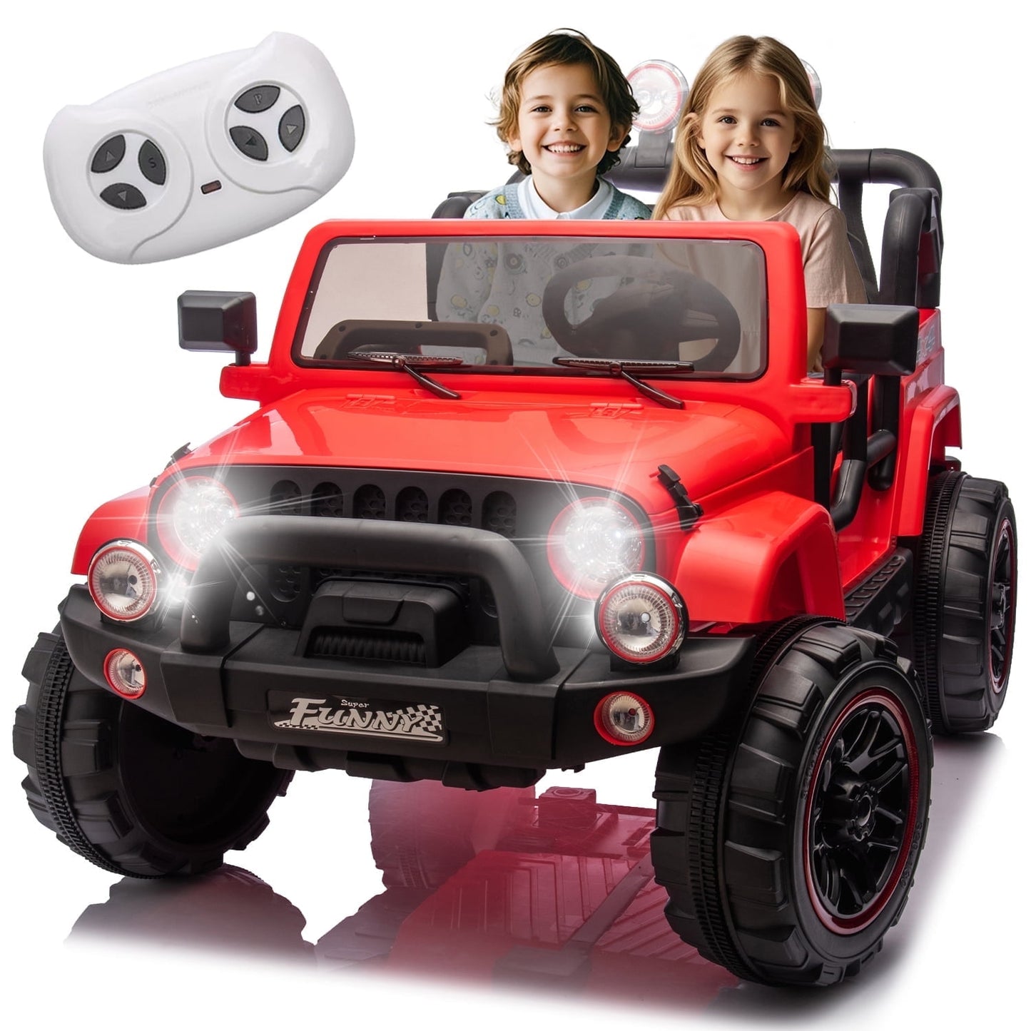 POWANLI 24V 2 Seater Kids Ride on Jeep Toy Car W/Parent Remote, Electric Truck for Kid w/ 2*200W Moter, 3 Speeds, Multifunctional Dashboard, Bluetooth Music, USB, Toy Gift for 3-8 Boy&Girl(Red)