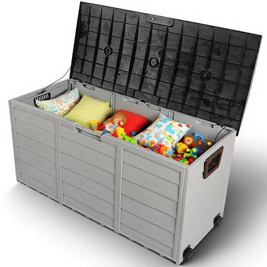 POVANLI 75gal 280L Outdoor Garden Plastic Storage Deck Box, Garden Storage Box, Waterproof, Throw Pillows, Toys, Lockable, Garden Tools and Pool-Supplies (Black & Gray)