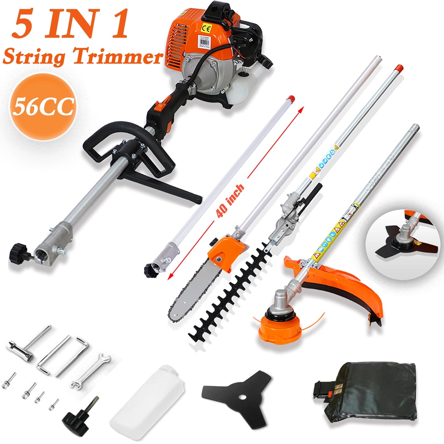 POWANLI 5-in-1 Multi-Functional Trimming Tool,56CC 2-Cycle Gas Garden Tool System with Pole Saw, Hedge Trimmer, Grass Trimmer, Brush Cutter - EPA Compliant