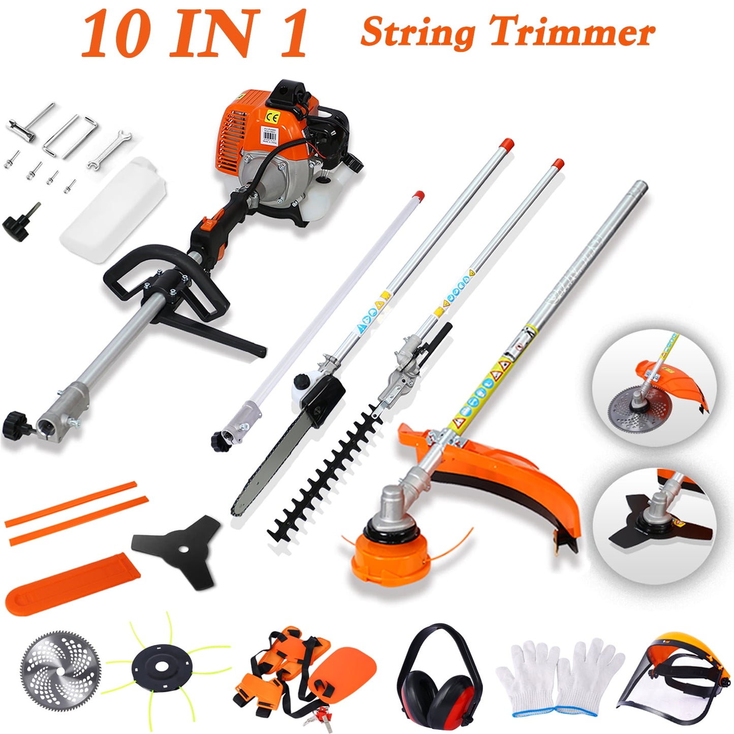 POWANLI 10 in 1 Multi-Functional Trimming Tool,52CC 2-Cycle Garden Tool System with Gas Hedge Trimmer,Gas Pole Saw,Grass Trimmer,Brush Cutter and Pole Saw Chainsaw with Extension Pole