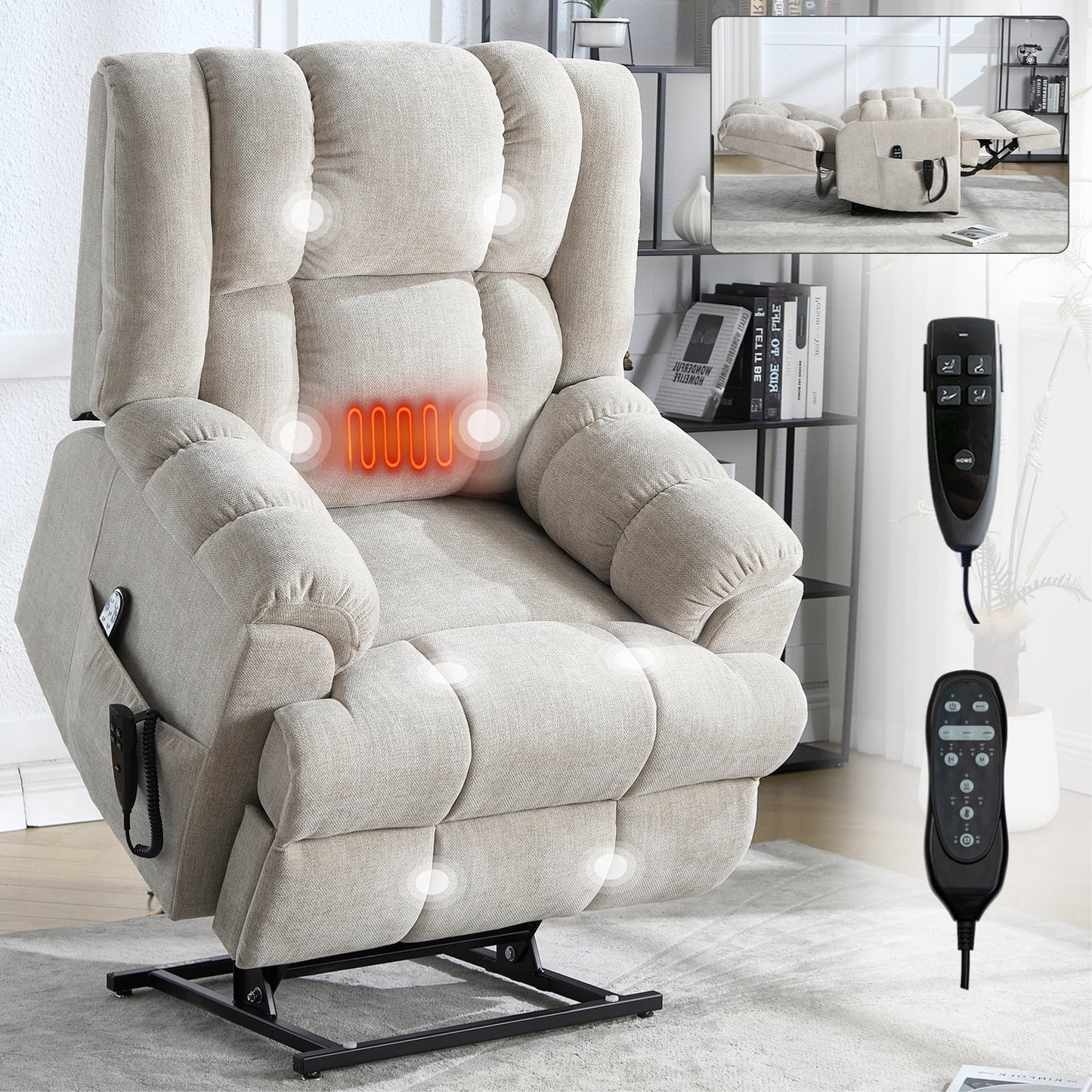 GAKMCIL Large Dual Motor Power Lift Chair Recliner for Elderly with Massage and Heating, 3 massage modes, 8 vibrating nodes (back, lumbar, thighs, legs), 15/30/60 minute timing function, Gift (Beige)