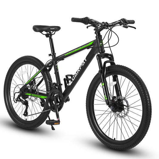 POWANLI 26" Steel Frame Mountain Bike for Boys Girls, with 21 Speeds Dual Disc Brakes and Front Suspension MTB, Black&Green (Gift)