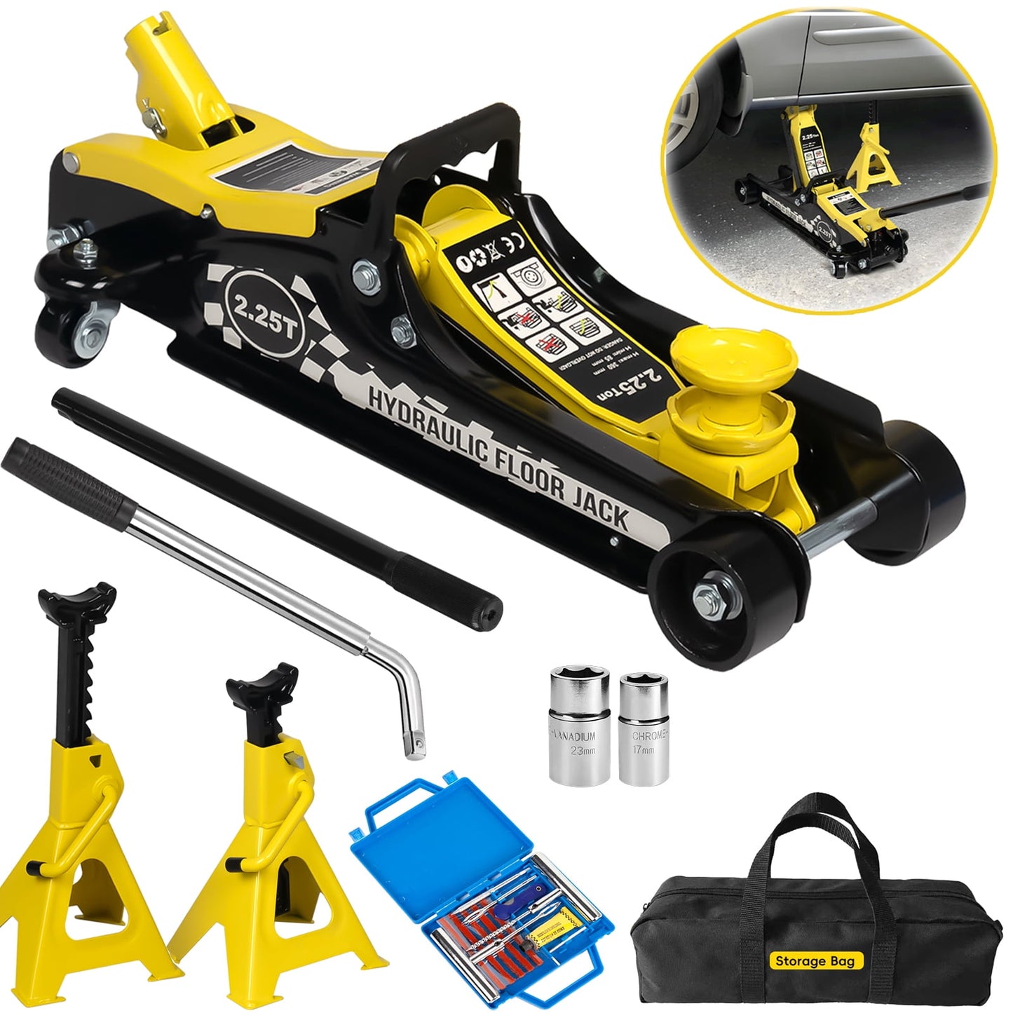 POWANLI 2.25T Hydraulic Floor Jack Combo With 3T Jack Stands/Tire Repair kit,Floor Jack Lifting Range 3.35"-14.17",4960 LB Capacity,Double Locking Pins(Yellow+Black)