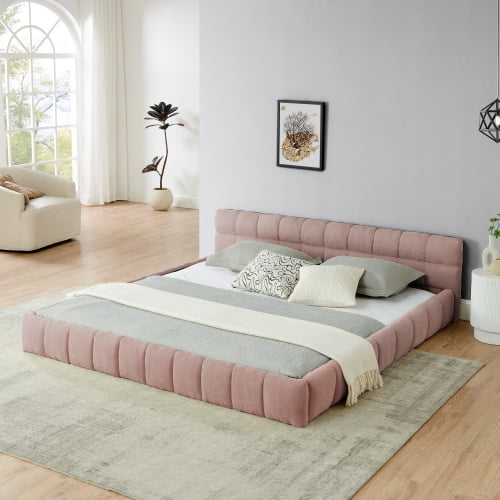 King size Bed Frame with Thick Fabric,Upholstered Bed Frame with Headboard and Solid Frame. No Box Spring Needed Pink(88.5''*85.5''*24'')