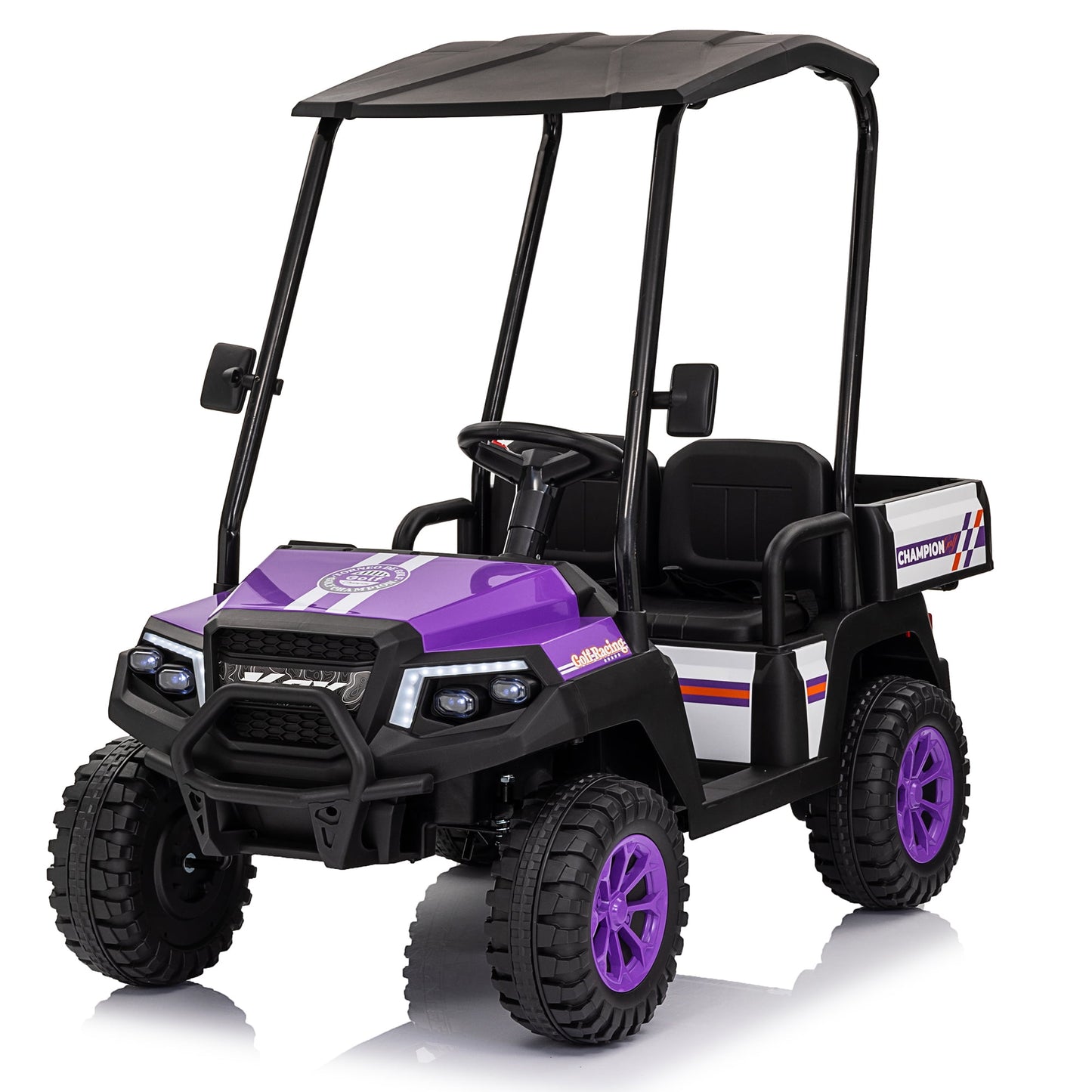 POVANLI 2 Seater 24V Kids Ride on Electric Truck Golf Cart W/Parents Control,Dual-Motor Drive,Slow start,Removable Sunshade,Rear Cargo Bed,LED Lights,MP3,USB,Bluetooth for Kids Aged 3-8,Gift(Purple)