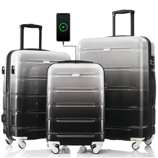 POWANLI 3Piece Luggage Set, 20" Suitcase with USB Port,Carry-on Luggage with Cup Holder, ABS+PC Hard Shell Luggage with Spinner Wheels Black