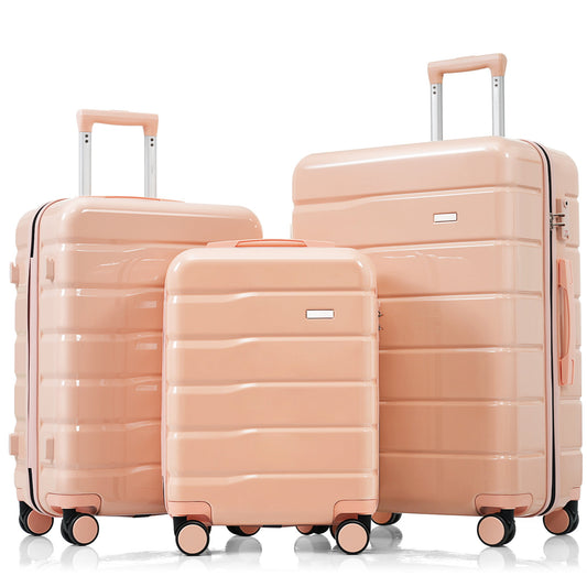 POWANLI 3-Piece ABS Travel Luggage Set,Premium TSA Lock Suitcase Ensemble with 20'', 24'' and 28'' Sizes with 360° Spinner Wheels pink