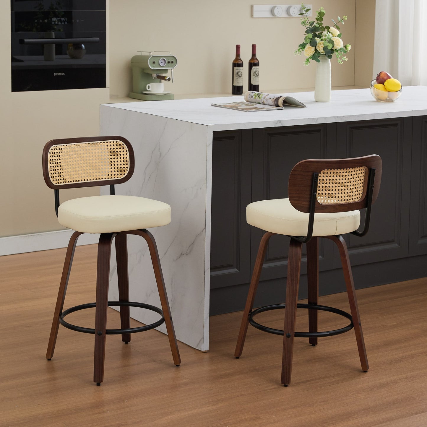 GAKMCIL PU Leather Upholstered Swivel Counter Height Bar Stools (Set of 2) with Cane Back, Bentwood Legs, Metal Footstool, Weight Capacity 350lbs for Kitchen, Dining Room, Pub, Cafe (Beige)
