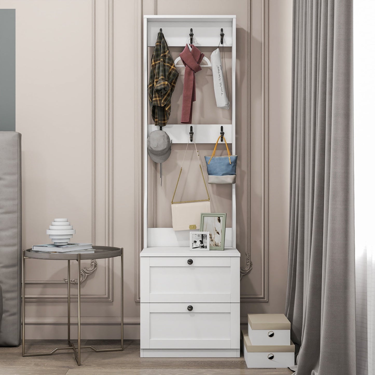 GAKMCIL 2-in-1 Coat Rack and Nightstand, 67.32"H with 2 Drawers & 6 Hooks, Wood Freestanding Clothes Hanger, Versatile Storage for Bedroom, Entryway, Hallway (18.90"L x 15.75"W x 67.32"H) (White)