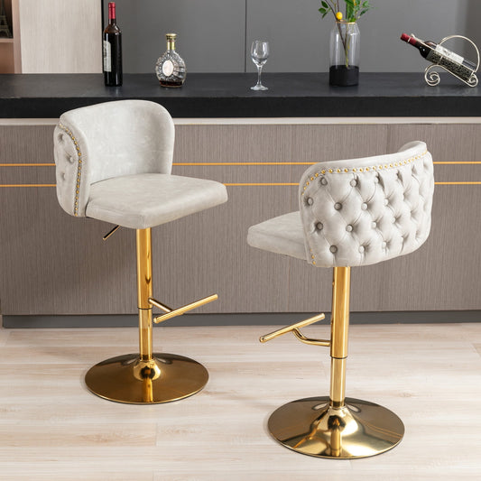 GAKMCIL Modern PU Upholstered Swivel Bar Stools with Adjustable Counter Seat Height, Footrest, Golden Metal Chrome Base, Rivets Trim, 300lbs Load for Home Pub, Kitchen Island (Set of 2, Beige)