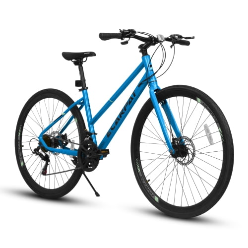 POVANLI 27.5Inch Road Bike Carbon Steel Frame City Bike for Men Women, Go to Work with 21-Speed Disc Trail Commuter City Beach Snow Bicycles, Gift(Black+Blue)