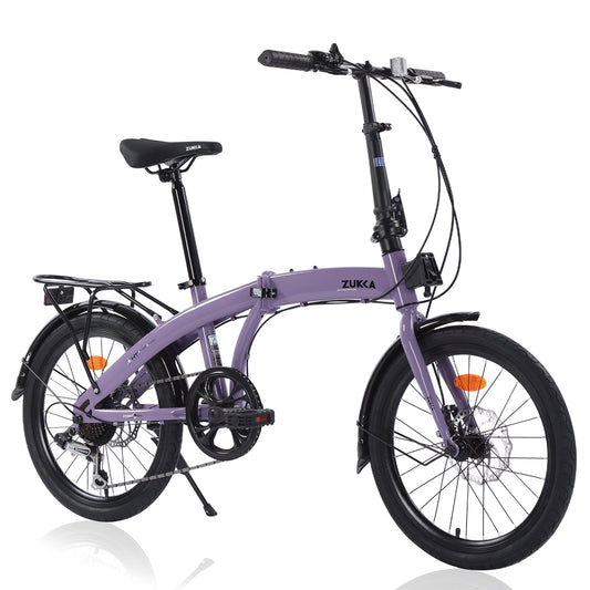 POVANLI 20 inch Folding Bike, 7-Speed Folding Bike, Lightweight Steel Frame, 34.39 lb, Load capacity 220lb, Suitable for height 4'11'' - 5'9'', Purple (Gift)