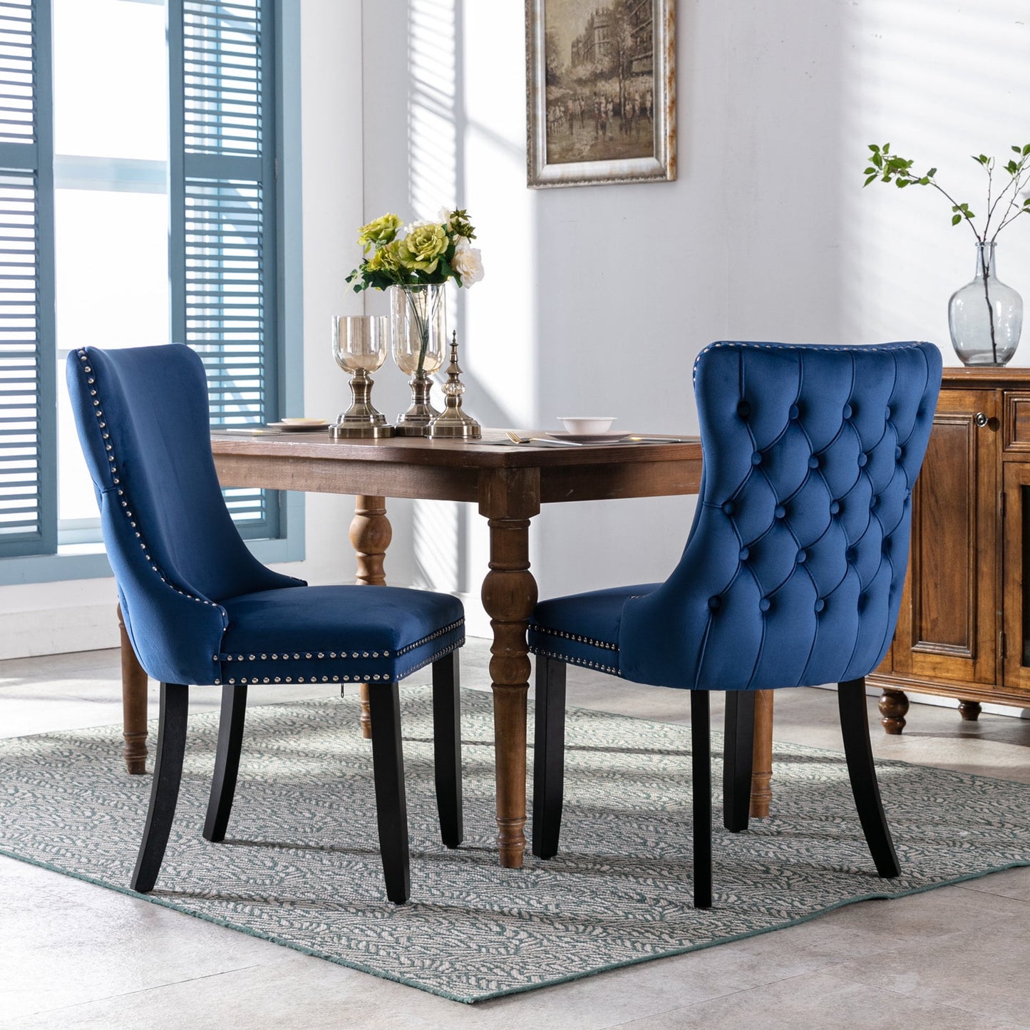 GAKMCIL Velvet Dining Chair (Set of 2), Comfy Upholstered Wing-Back Dining Chairs with Nailhead Back and Solid Wood Legs, Weight Capacity 330lb for Dining Room and Kitchen (Blue)
