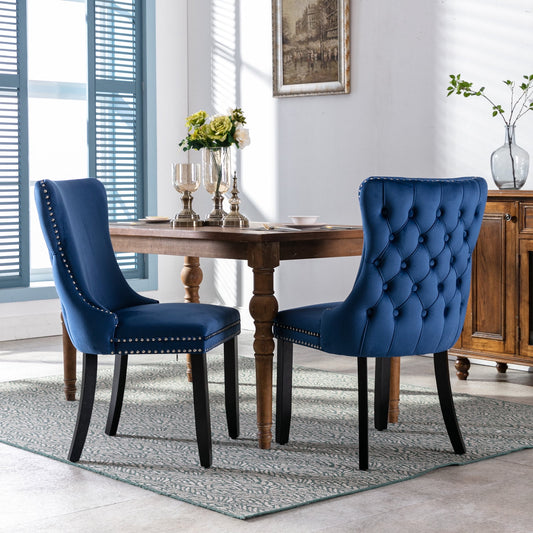 GAKMCIL Velvet Dining Chair (Set of 2), Comfy Upholstered Wing-Back Dining Chairs with Nailhead Back and Solid Wood Legs, Weight Capacity 330lb for Dining Room and Kitchen (Blue)