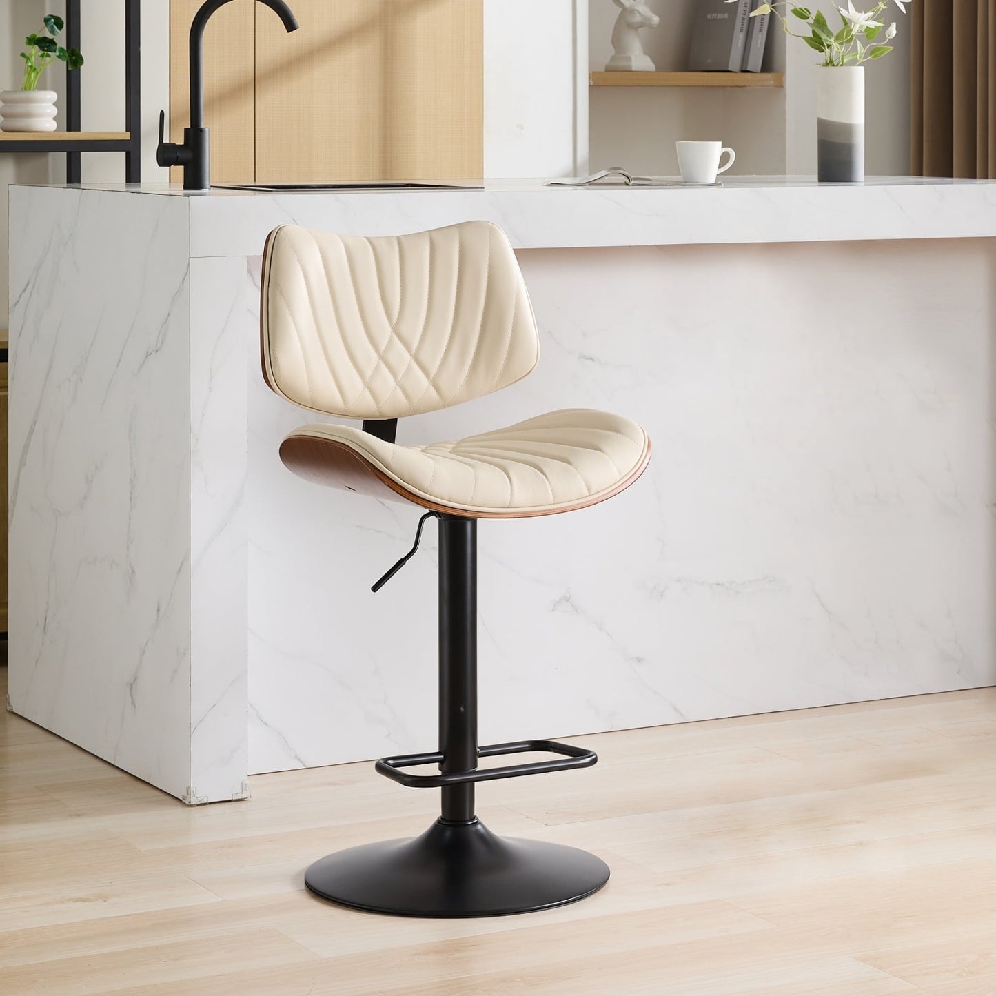 GAKMCIL PU Leather Upholstered Bar Stools, Mid Century Modern Walnut Bentwood Bar Chairs with Adjustable Counter Height, 360° Swivel for Kitchen, Dining Room, Pub, Cafe (1 Chair, Beige)