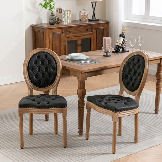 GAKMCIL PU Faux Leather Dining Chair with French Solid Wood Frame, Hand Pull Button Decoration, Nailed Headdress Edge, Density Foam, Steel Spring Lining, Weight Capacity:300lb, Black (Set of 2)