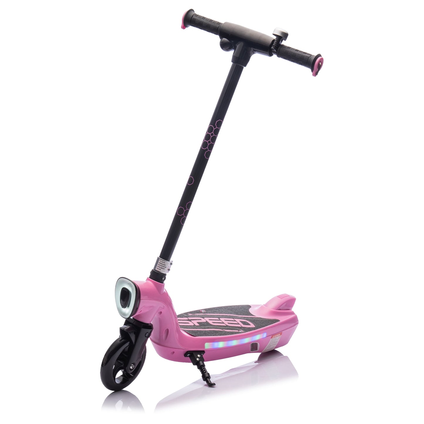 CAMSCH 12V Kids Ride on Electric Scooter with Kickstand,Scooter Bell,Rear Brake,Wider Pedal,Non-Slip Handle,Colorful LED Lights,5.59-7 MPH,110.23LBS Capacity for Children Aged 6-12,Gift(Pink)
