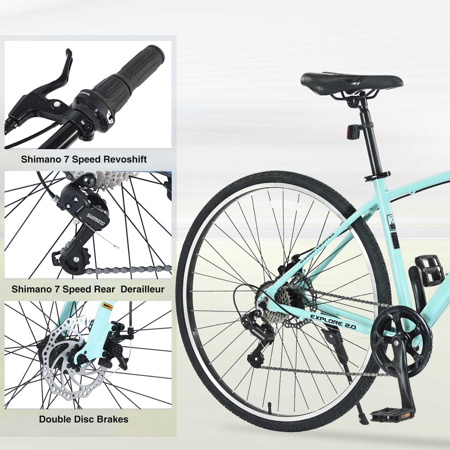 POVANLI 700C Road Bike, 7 Speed Hybrid Bike Aluminum Alloy Frame Double Disc Brakes For men women's City Bicycle, Green (Gift)