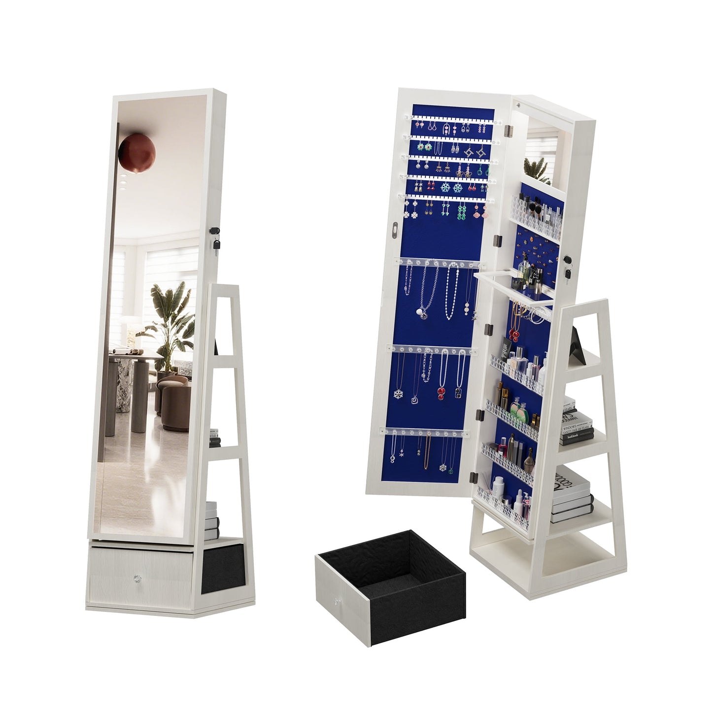 GAKMCIL Standing Jewelry Cabinet Armoire with Lockable Storage Cabinet, 360° Rotating, Back Storage Shelves, Storage Drawers, Full Length Mirror, Interior Mirror, Hooks (White)