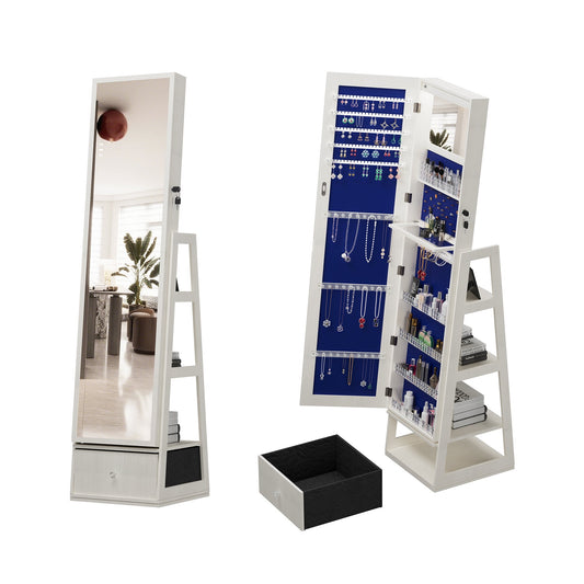 GAKMCIL Standing Jewelry Cabinet Armoire with Lockable Storage Cabinet, 360° Rotating, Back Storage Shelves, Storage Drawers, Full Length Mirror, Interior Mirror, Hooks (White)