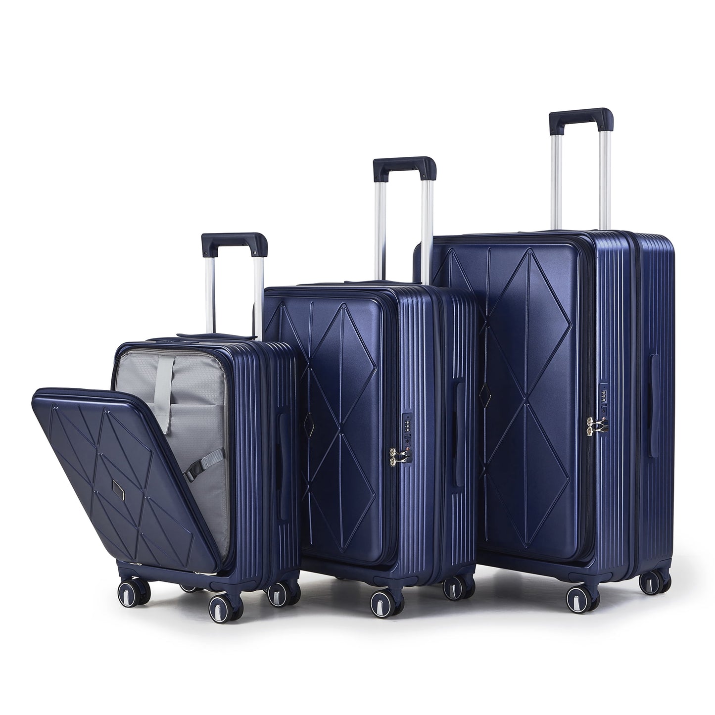 POWANLI 3 Piece Luggage Sets (20''24''28''), PC Hard Shell Expandable Lightweight Carry On Luggage, with Front Pocket and Spinner Wheels, TSA Lock, Airline Approved(Navy Blue)