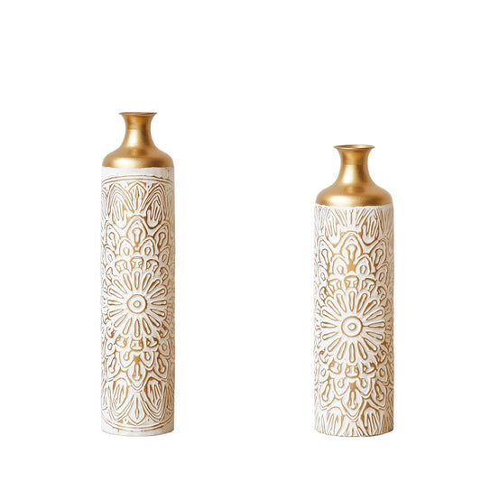 GAKMCIL Floor Metal Vases Decorated White&Gold Metal Vases (Set of 2) Gorgeous Home Decoration for Fake Flowers Large Glazed Metal Vases for Home Living Decoration (24.02in/29.53in height) (White)