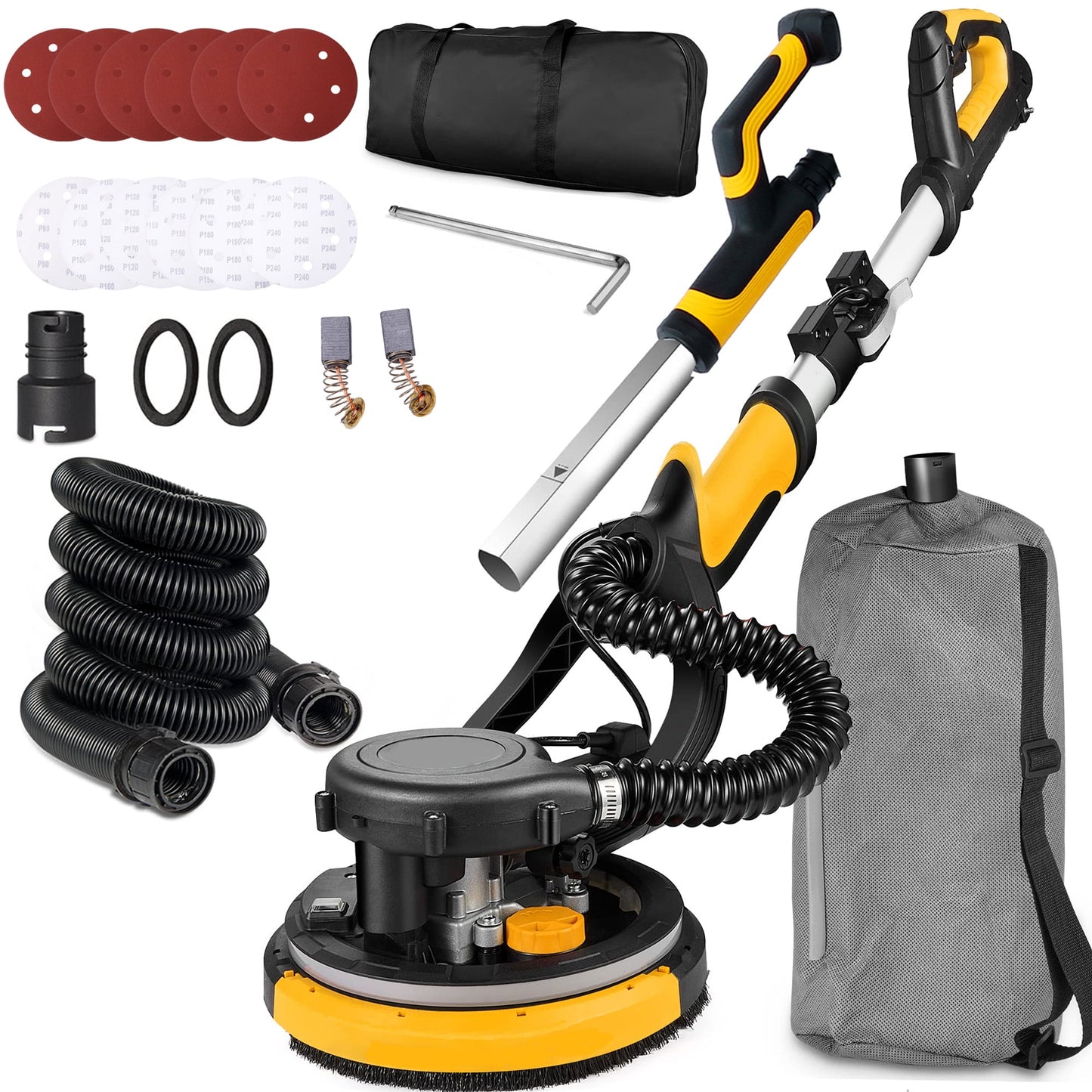 POWANLI 780W Electric Drywall Sander with Vacuum Dust Collection, 6.5A Motor Dustless Floor Sander with Variable Speed 900-1800RPM, LED Light, Extendable & Foldable Handle Yellow+Black